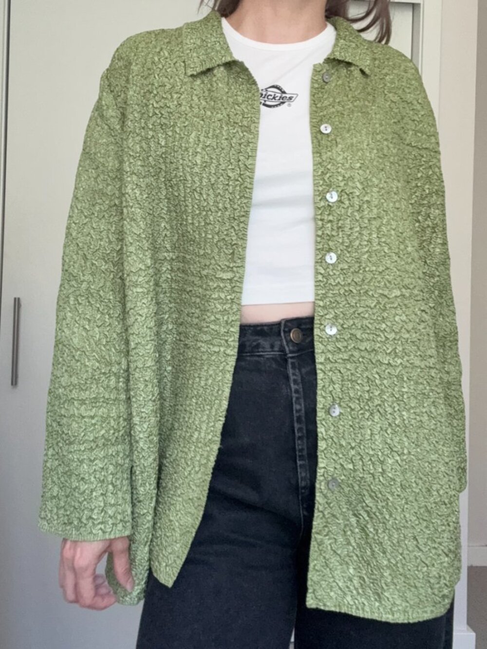 Joni B. Green Crinkle Textured Button Front Shirt Jacket